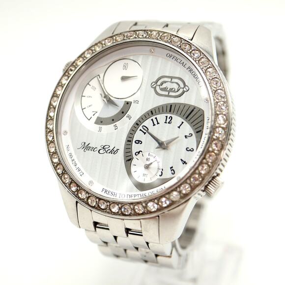 Marc Ecko Mens Dual Time Silver Tone Jumbo 50mm Watch St Steel w New Battery - Picture 1 of 15